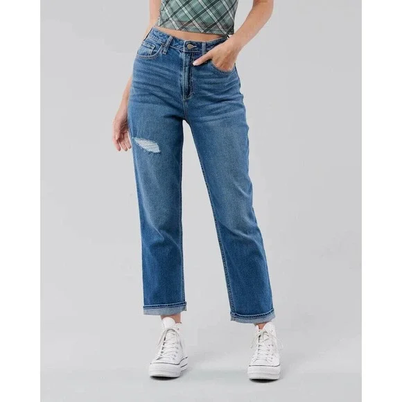 Hollister Vintage Straight Jeans Womens 33/25 Blue Curvy Ultra High Rise Ripped - Picture 1 of 11